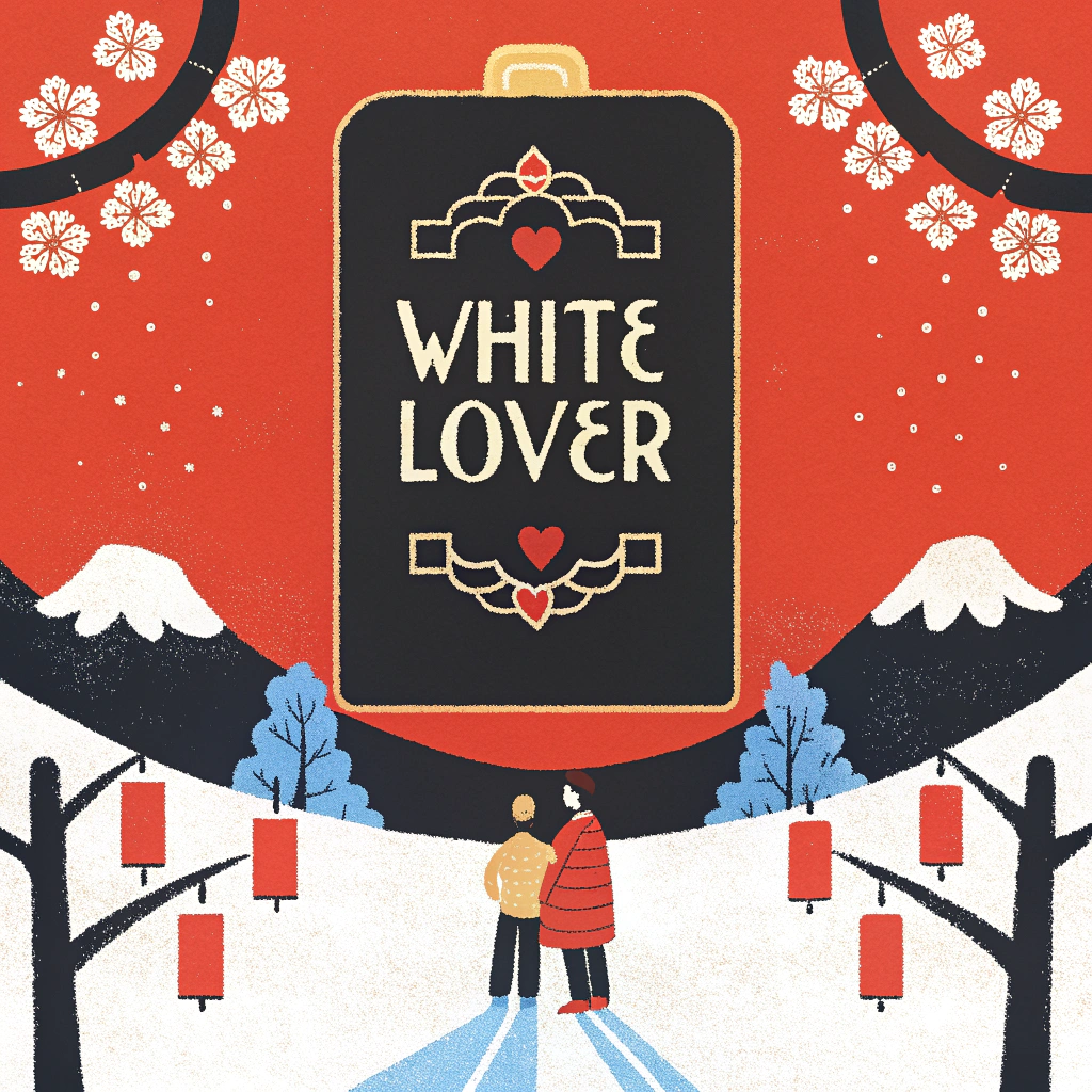 AI generated image by Red Panda AI: Design a square-shaped candy box front cover with a “White Lover” theme, featuring a winter scene blended with Chinese New Year elements. The primary colors should be white and red, symbolizing snow and the festive spirit of the Lunar New Year. The background showcases a snowy village decorated with red lanterns, blooming plum blossoms, and vibrant fireworks in the distance, creating a joyful holiday atmosphere. In the center, depict a couple dressed in winter clothing (e.g., red scarf and warm coats), with the man presenting a festive candy gift box to the woman, adding a touch of storytelling and warmth. The foreground includes intricate details of snowflakes and plum blossom branches, while the background features snow-covered mountains and a festive village. Use elegant fonts with a Chinese paper-cut style for the text “White Lover,” with a red and gold color scheme, accompanied by traditional New Year decorative patterns, conveying a luxurious and celebratory vibe.