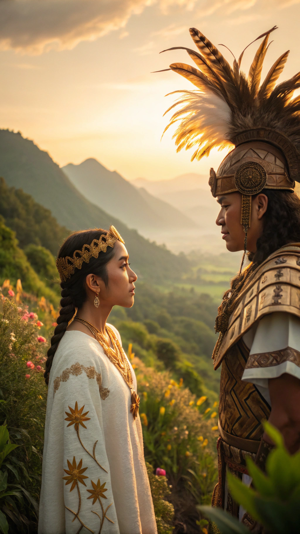 AI generated image by Red Panda AI: A young Aztec princess and a brave warrior, the princess wearing an elegant white huipil embroidered with gold and the warrior in a feathered headdress and jaguar armor, Pre-Hispanic Mexico, traditional Aztec attire, a lush green valley with vibrant wildflowers, the couple exchanging tender gazes under the golden light of a sunset, ancient mountains visible in the background, a cinematic close-up capturing their emotions, hyper-realistic, photo realism, cinematography.