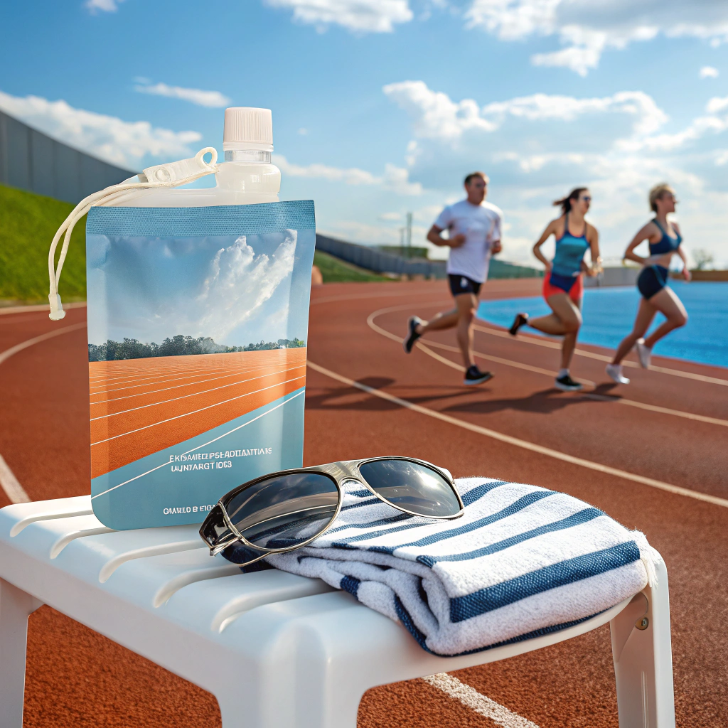 AI generated image by FLUX.1-schnell: A detailed 3D rendering of a 200ml spout pouch sports drink package on a running track background. The package is divided with a pastel sky-blue color on top and a pastel orange color on the bottom. The setting is a running track with a deep blue track and a sky in light blue, decorated with fluffy white clouds. On the track, two healthy-looking men and three women are running. The sports drink package sits on a white stadium chair with a white and blue striped towel beside it. A pair of black sports goggles rests on the towel, enhancing the post-exercise vibe.

