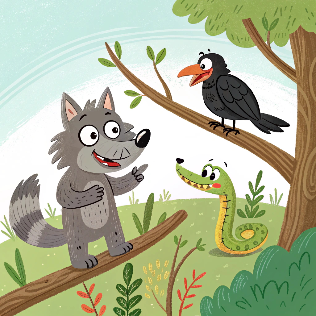 AI generated image by Red Panda AI: grupo de animales nuevos: Leo el lobo, Roco el cuervo y Susi la serpiente. Ellos tenían juegos diferentes, pero a veces sus ideas no eran tan buenas. Les gustaba hacer travesuras que podían molestar a otros animales del bosque.