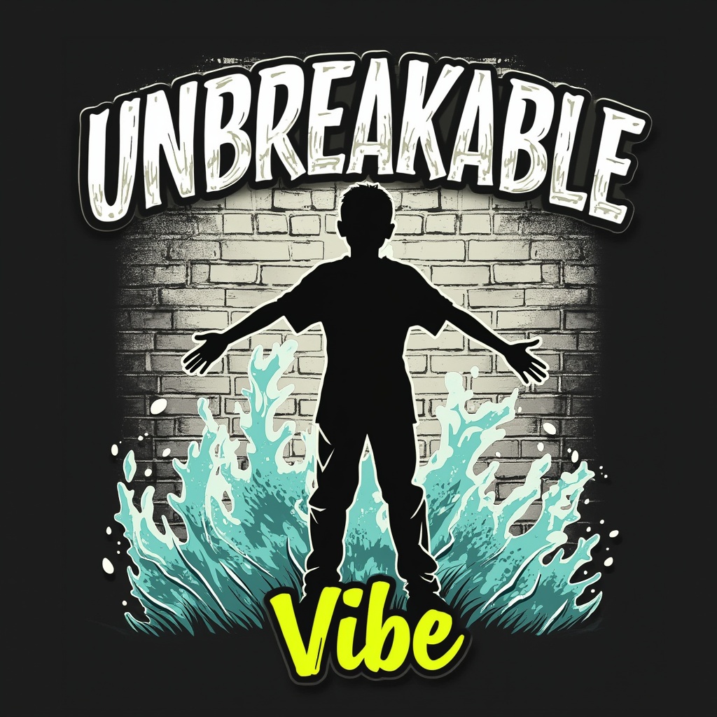 AI generated image by FLUX.1-pro: "Unbreakable Vibe"

Design Details:
Text:
"Unbreakable" in a large, bold font (e.g., Bebas Neue or Knockout), colored white with a subtle black outline for contrast.
"Vibe" below it in a smaller, slightly slanted font, in neon yellow or teal to keep it youthful and uplifting.
Visual Element:
A silhouette of a young person standing tall with arms open wide (like embracing the world) or hands resting confidently on hips, in solid black. This symbolizes strength and positivity without aggression.
Surrounding the silhouette: abstract, flowing lines (like waves or energy bursts) in light gray or teal, suggesting resilience and dynamic energy rather than breaking or violence.
Background:
A faded brick wall (in shades of gray) behind the text and silhouette, keeping the urban, realistic feel inspired by American streets.
T-shirt Color:
Black (still appealing to American youth in streetwear culture).
Layout:
"Unbreakable" at the top, the silhouette in the center, and "Vibe" below it, with the flowing lines and brick wall as a cohesive background.
Message:
Represents unshakable strength, positivity, and a cool, confident energy that resonates with youth, while avoiding any violent or aggressive connotations.