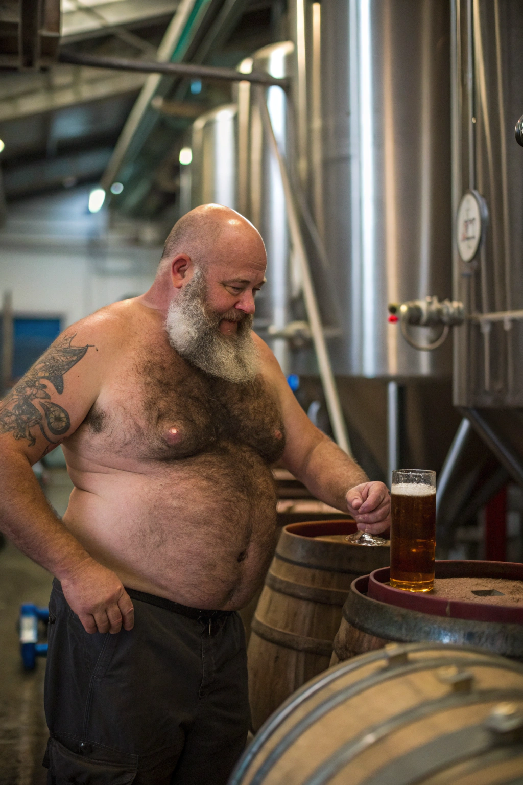 AI generated image by Red Panda AI: a 50 year old hirsute man at the brewery making beer. Man has heavy amount of body hair, hairy chest pattern, bloated hairy belly, bald head, white and brown goatee