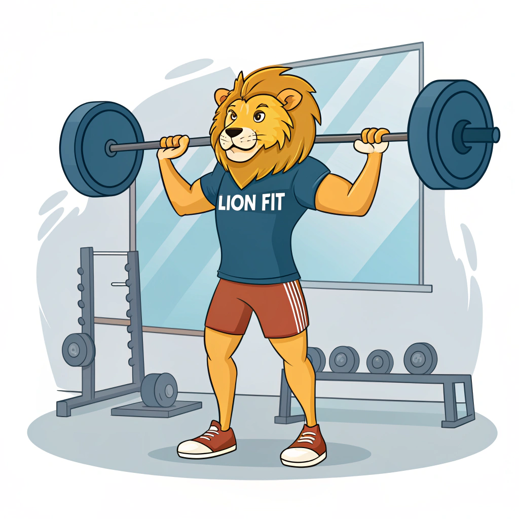 AI generated image by Red Panda AI: Um leão com uma camiseta escrita: "lion fit", treinando musculação