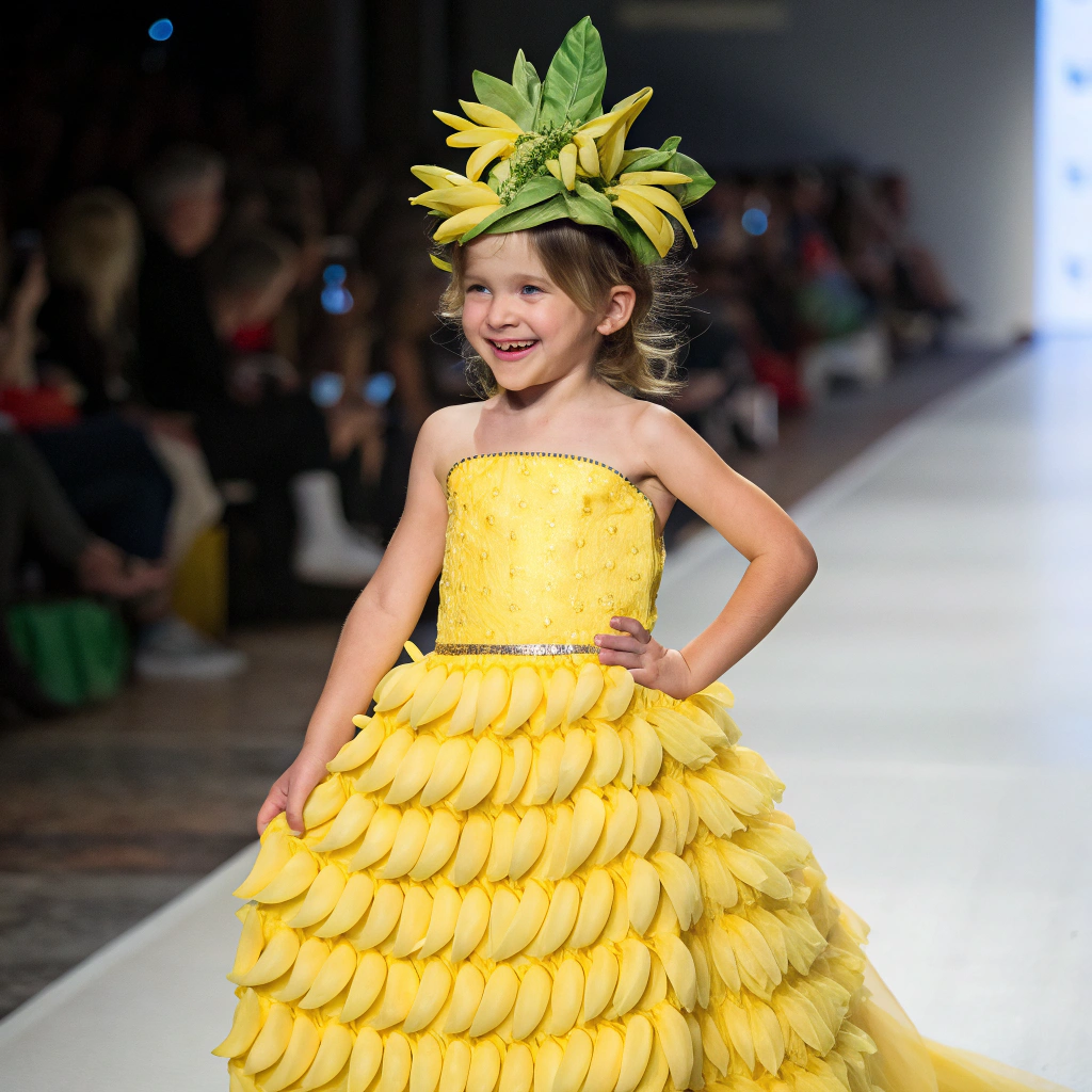 AI generated image by Red Panda AI: A realistic joyful 3-year-old child stands on a fashion show runway, wearing an outfit made entirely from small realistic fresh banana slices. The vibrant, strapless gown features a snug bodice of closely layered small banana slices, transitioning into a voluminous, layered skirt decorated with large, creating a realistic, eye-catching effect. The child’s look is completed by a playful headdress resembling a crown made from whole bananas and slices with small green leaves, framing the child’s face. The runway stage is well-lit, with a softly blurred audience in the background, drawing focus to the child’s unique outfit