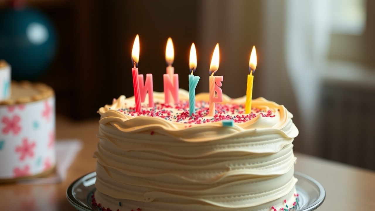 AI generated image by FLUX.1-schnell: Birthday cake with candles saying “thanks for the creampie”