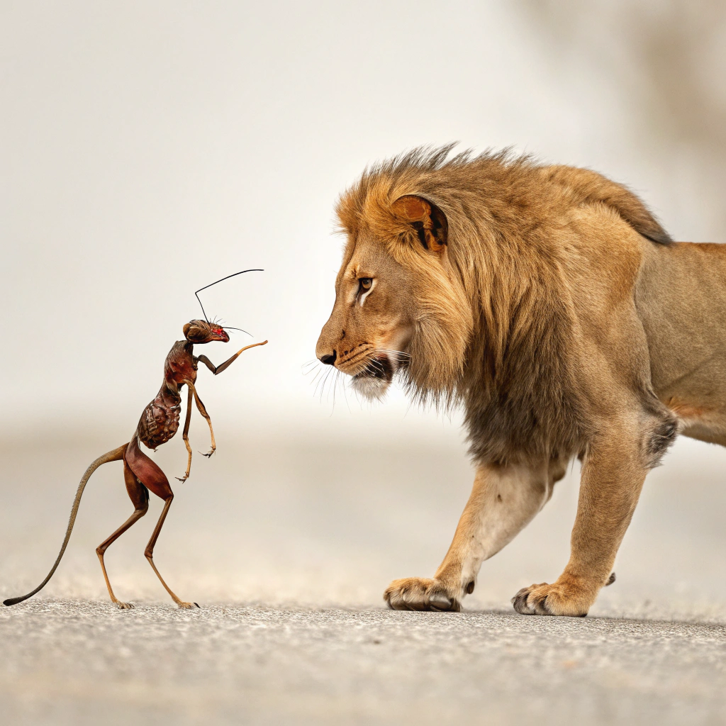 AI generated image by Red Panda AI: Ant beats lion