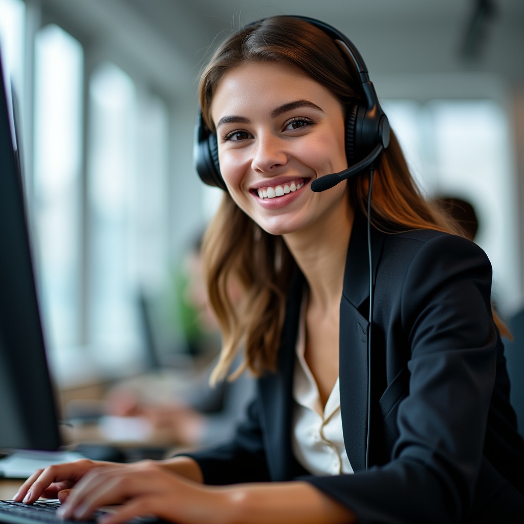 AI generated image by FLUX.1-pro: A highly realistic photograph of a beautiful female customer support representative with a friendly smile, wearing a professional headset, working at a computer in a modern office. She wears business attire, with natural-looking makeup, and has a welcoming and approachable expression. The background is softly blurred, with subtle lighting that gives a natural, real-world look to the image. The office environment has large windows allowing in soft daylight, creating an authentic workspace setting.