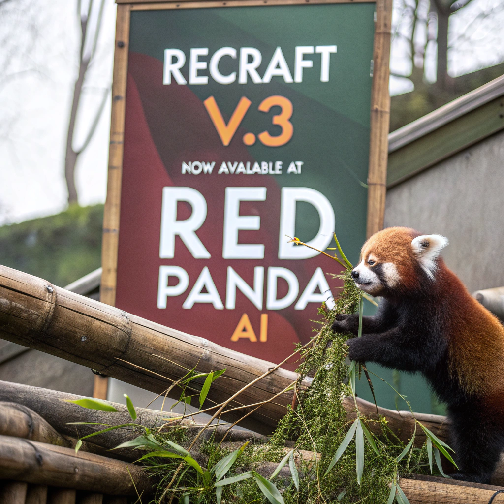 AI generated image by FLUX.1-schnell: a red panda eating a bamboo in front of a poster that says "recraft V3 now available at red panda ai