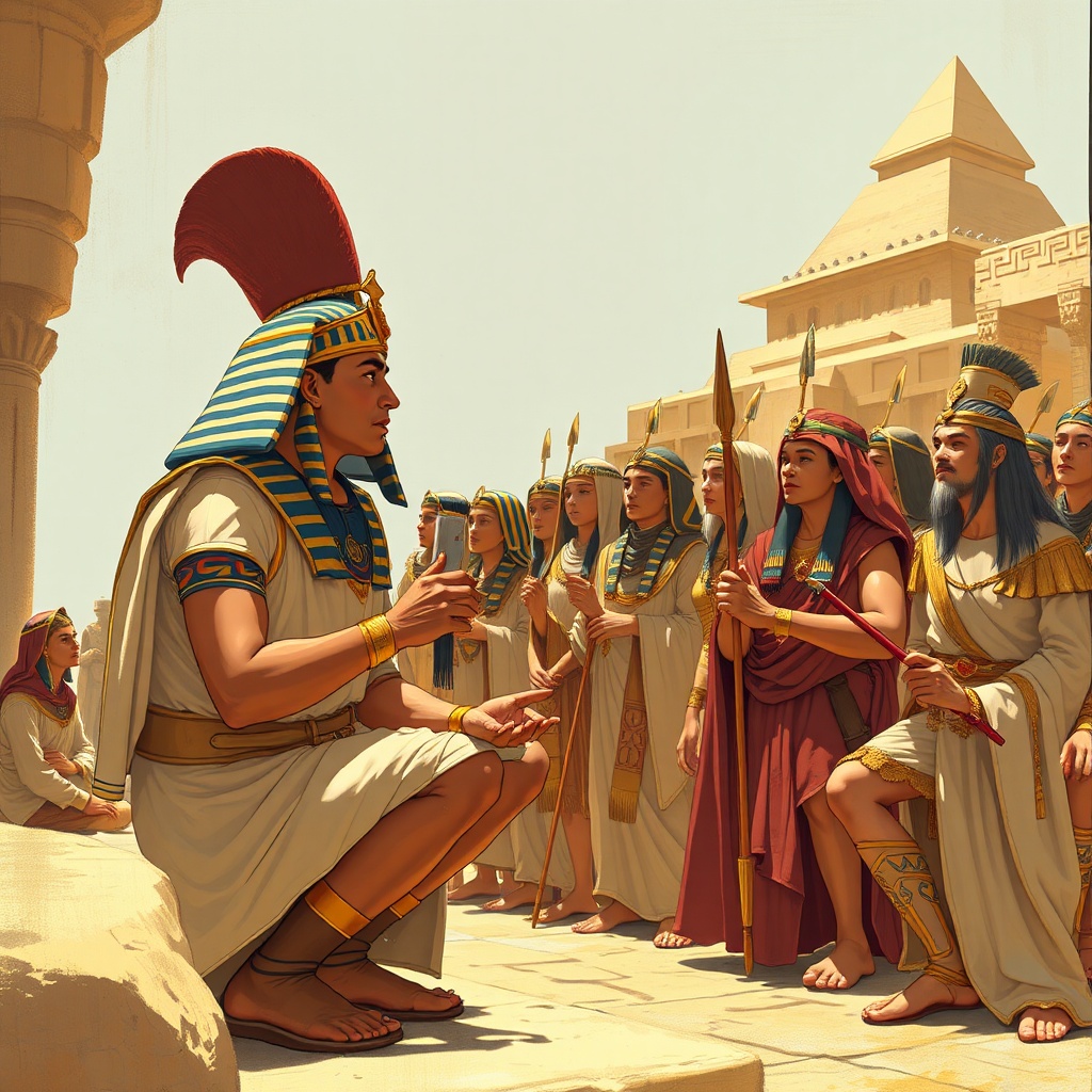 AI generated image by FLUX.1-schnell: Pharaoh speaking to his subjects