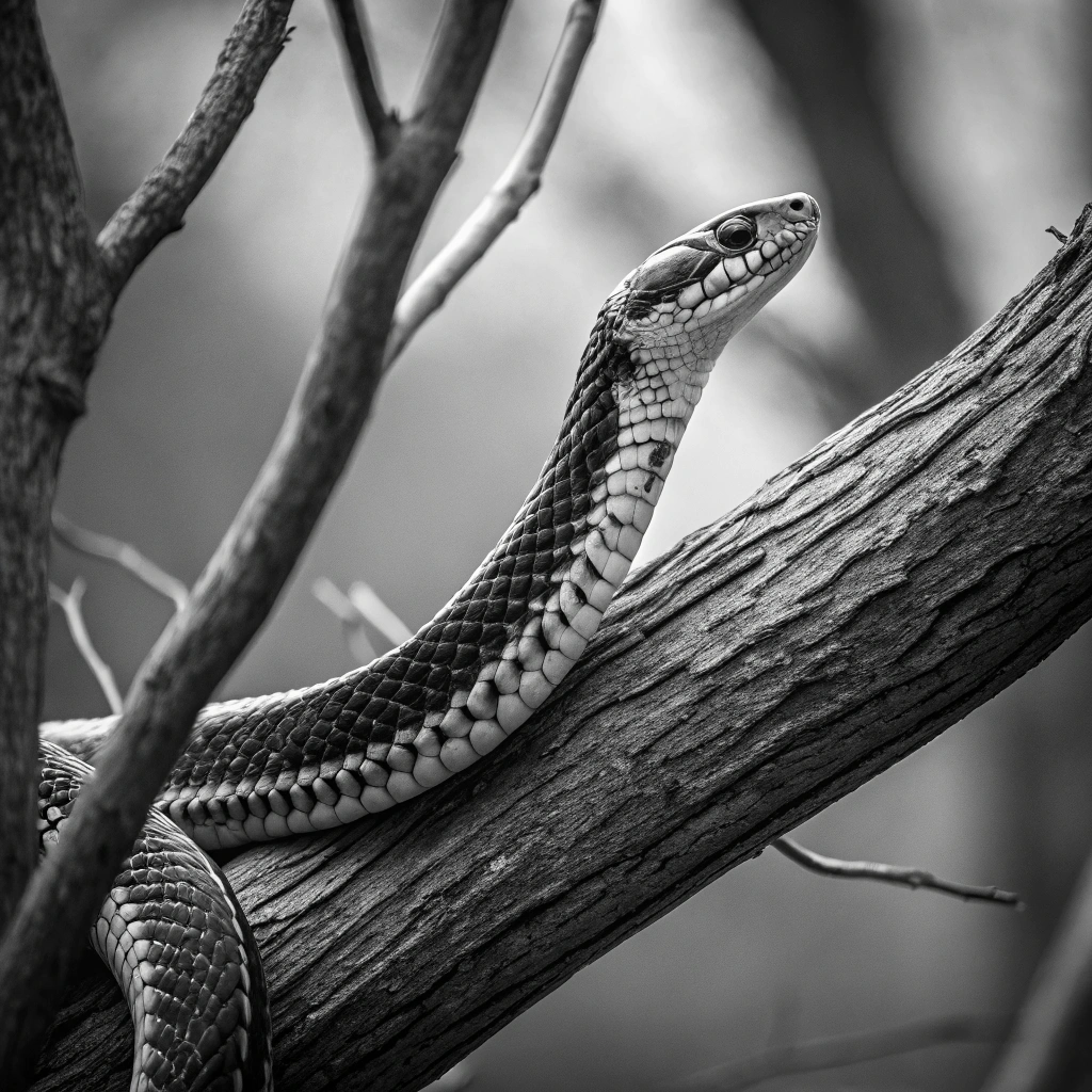 AI generated image by Red Panda AI: Una serpiente enrollada entre tres ramas y quiero la imagen para tatuarla y que sea en blanco y negro 
