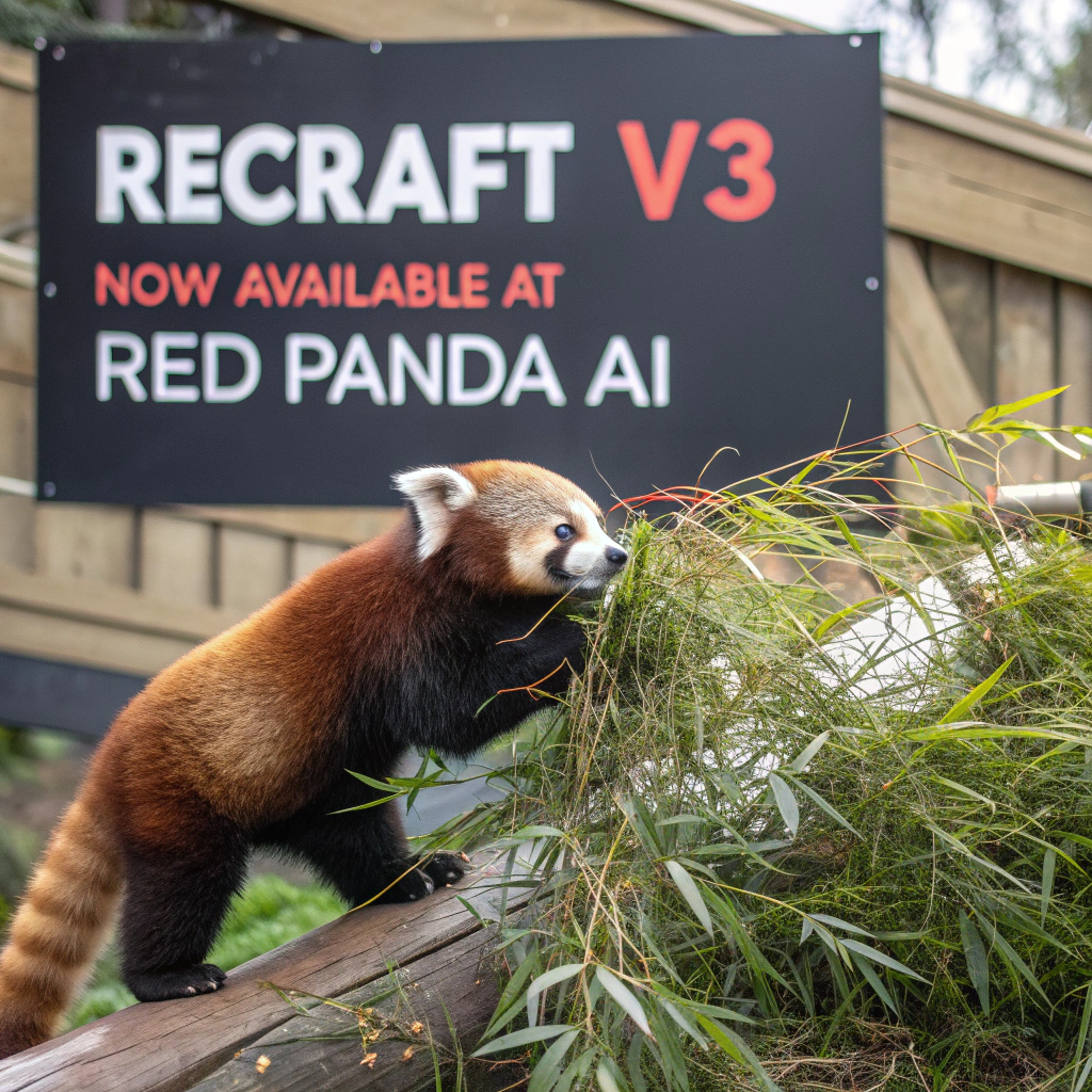 AI generated image by Red Panda AI: a red panda eating a bamboo in front of a poster that says "recraft V3 now available at red panda ai