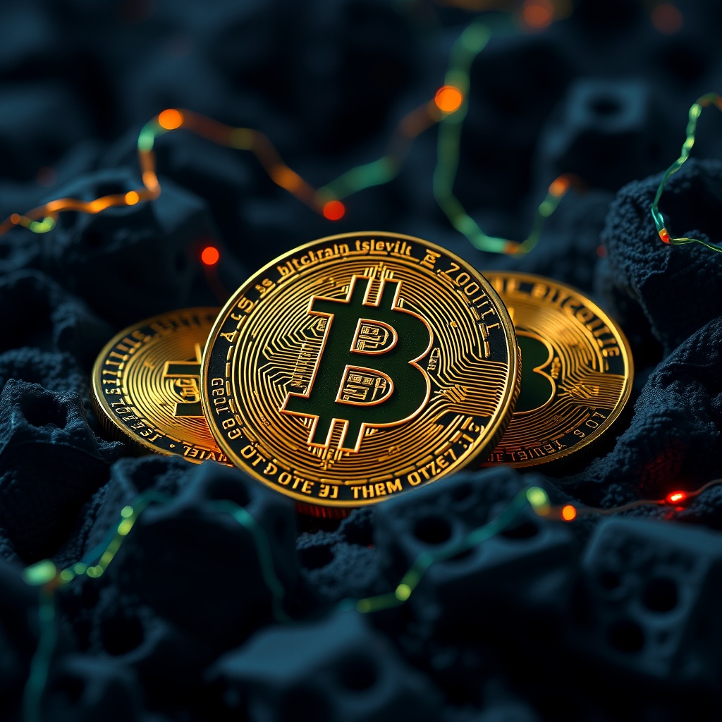 AI generated image by FLUX.1-schnell: un bitcon con muchos bitcoins
