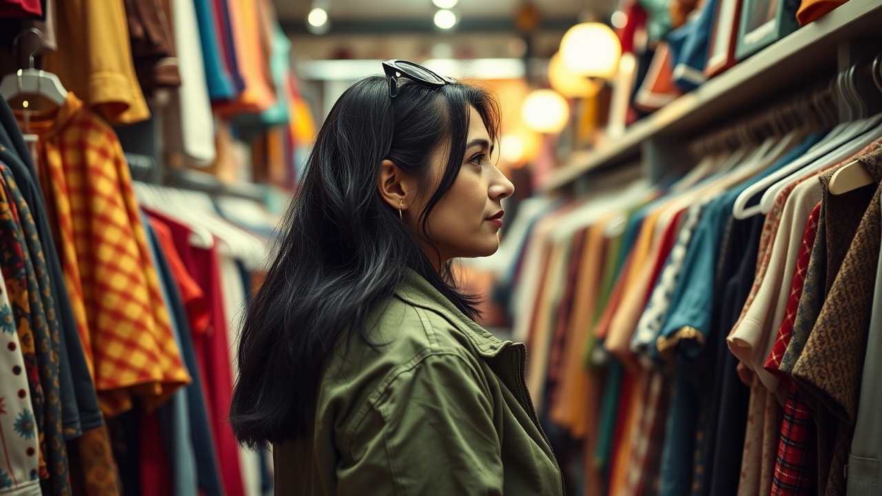 AI generated image by FLUX.1-schnell: woman, around 35 years old, green jacket, dark hair, sunglasses in hair, side profile, halfshot, vibrant vintage store, standing between clothes racks with colourful clothes, high contrast, lowlight, tungsten highlights