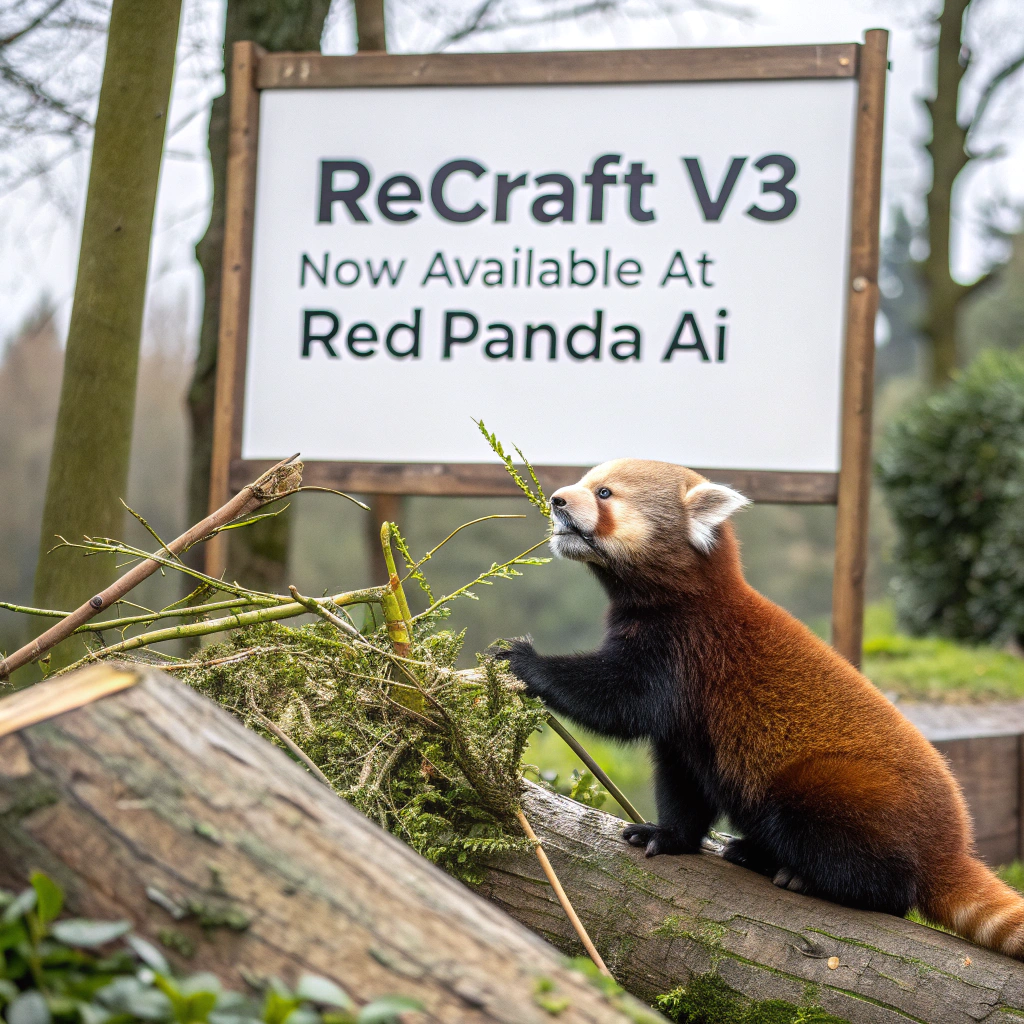 AI generated image by Red Panda AI: a red panda eating a bamboo in front of a poster that says "recraft V3 now available at red panda ai