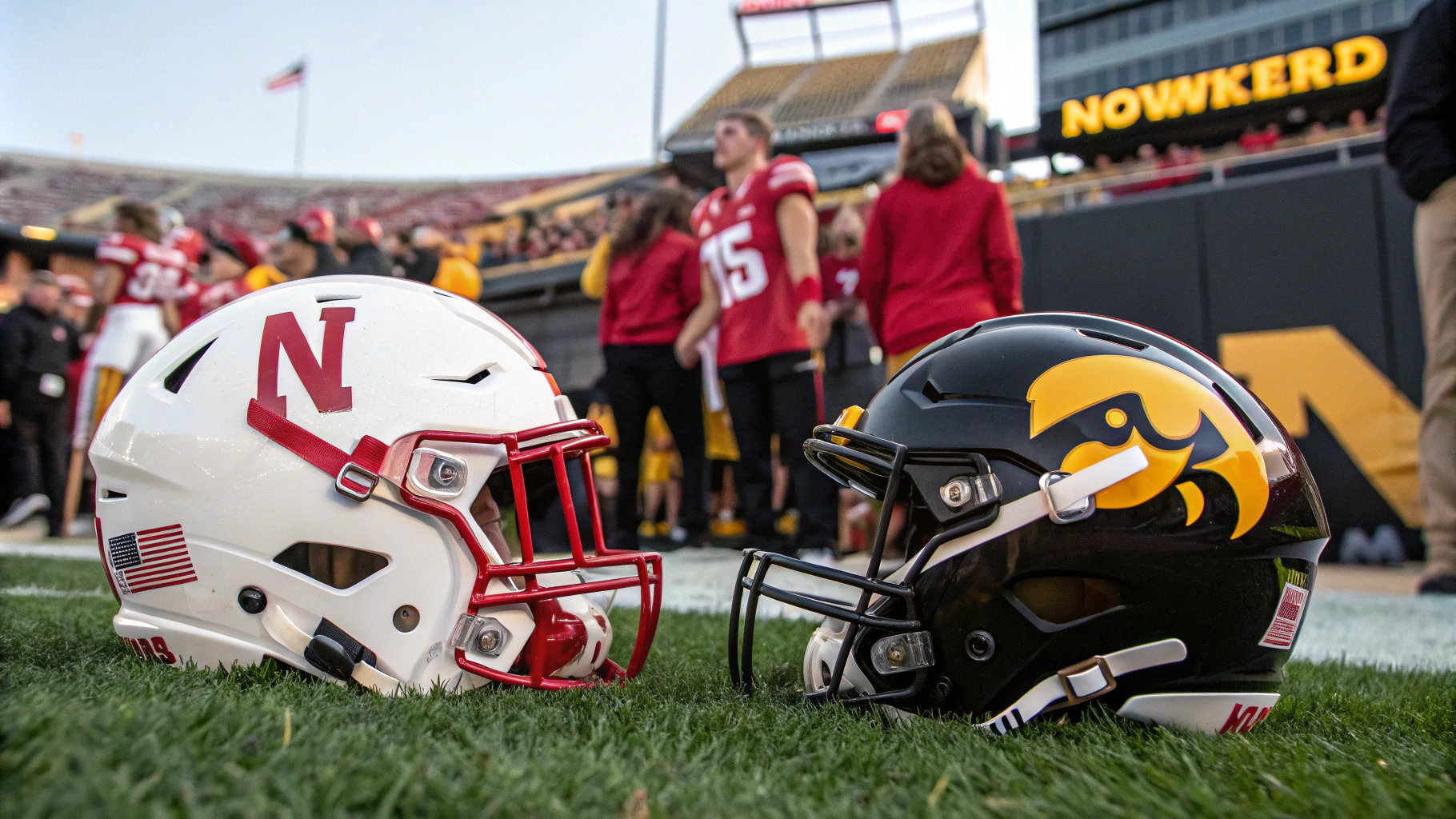 AI generated image by Red Panda AI: Nebraska Cornhuskers helmet facing an Iowa Hawkeyes helmet on gameday