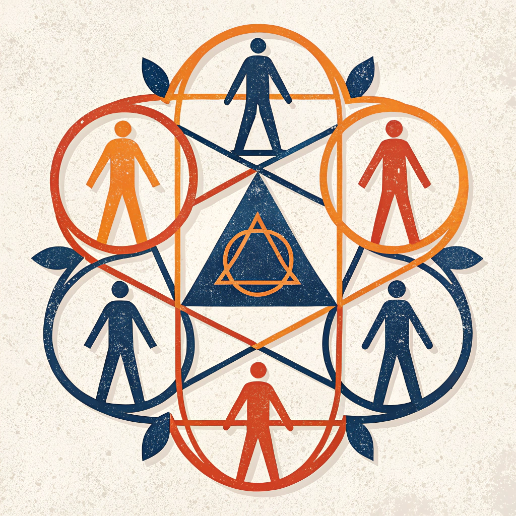 AI generated image by Red Panda AI: Interconnected geometric circles and triangles forming abstract human figures in vibrant orange and deep blue, minimalist design, centered composition with space for text, subtle drop shadows, Kurzgesagt style