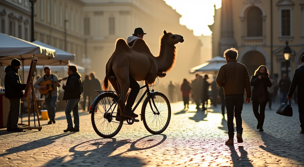 AI generated image by FLUX.1-pro: A close-up photograph of a camel pedaling energetically on a bicycle, old town Square in Prague. Tourists surrounding, some taking photos, others walking. Musicians playing on the side, a painter capturing the scene on a canvas. Morning light, soft shadows, rich textures of the cobblestones, Vltava river visible in the background, subtle lens flare. Photorealistic, Canon EOS R5, 85mm lens, f/1.4, vibrant colors, natural focus, cinematic atmosphere