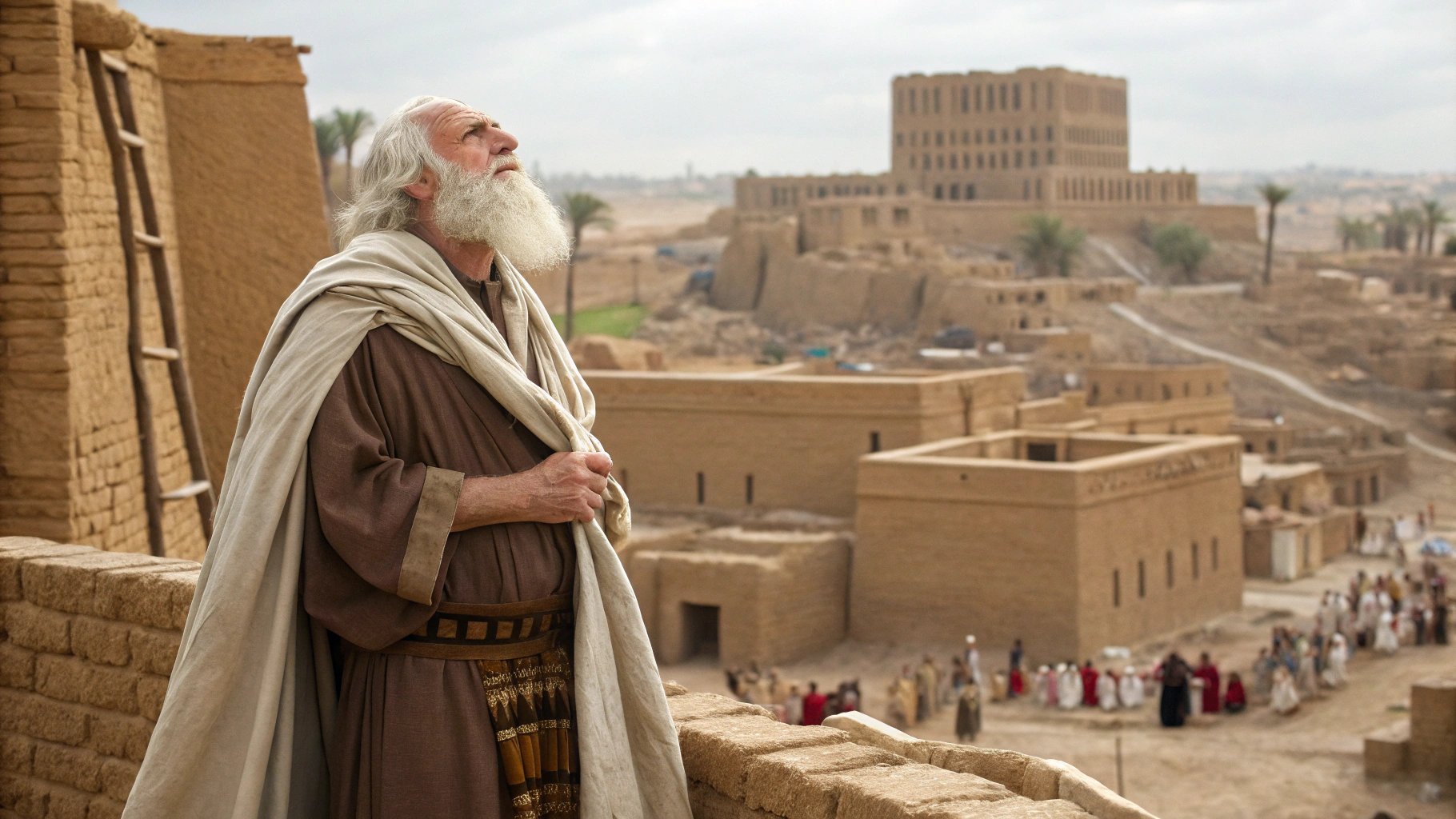 AI generated image by Red Panda AI: Crear una imagen del Profeta Moisés, con barba blanca. anciano, en medio de una ciudad de palestina del año 2500 a.C. 