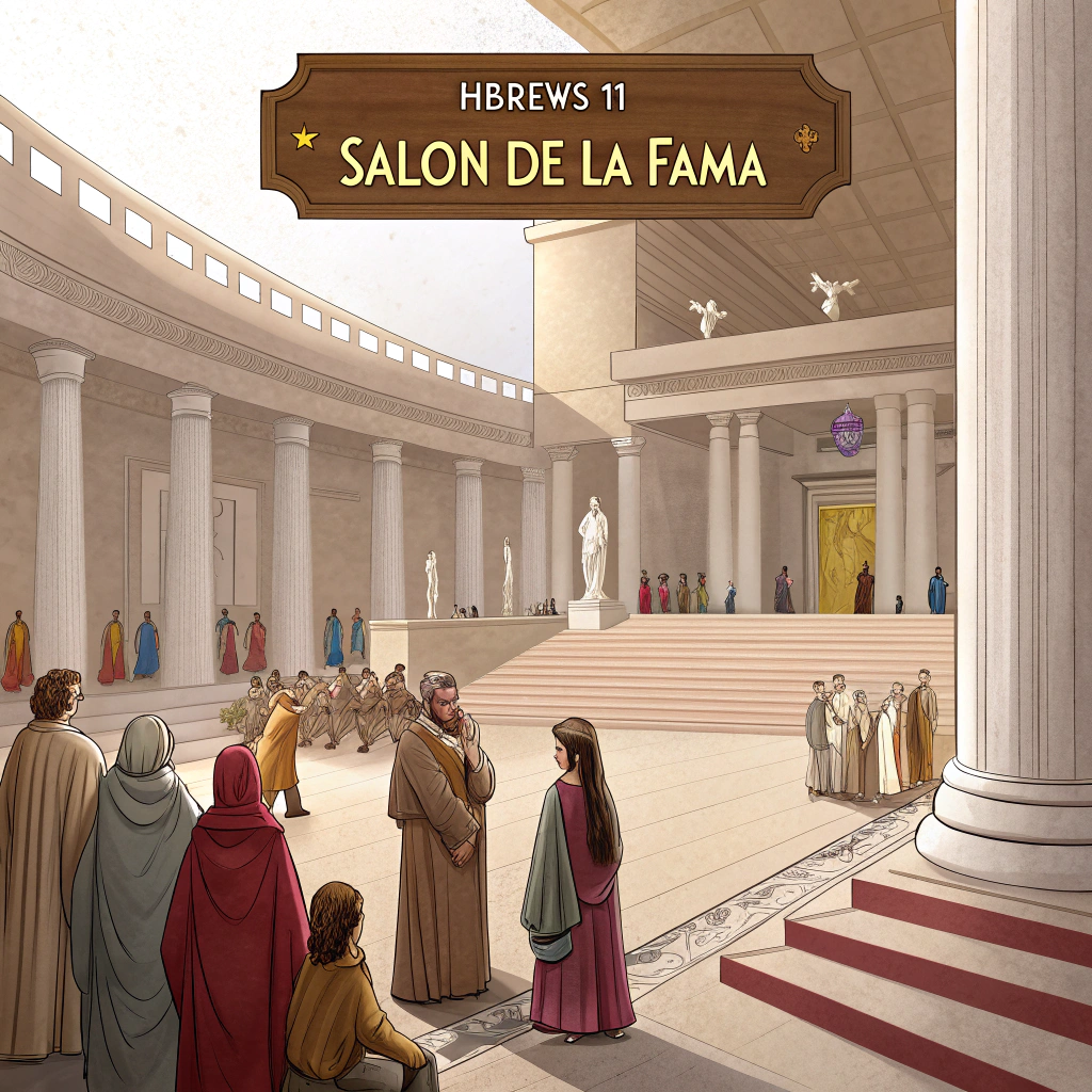 AI generated image by Red Panda AI: dame una imagen donde diga salon de la fama y se encuentren todos los personajes bíblicos de hebreos 11