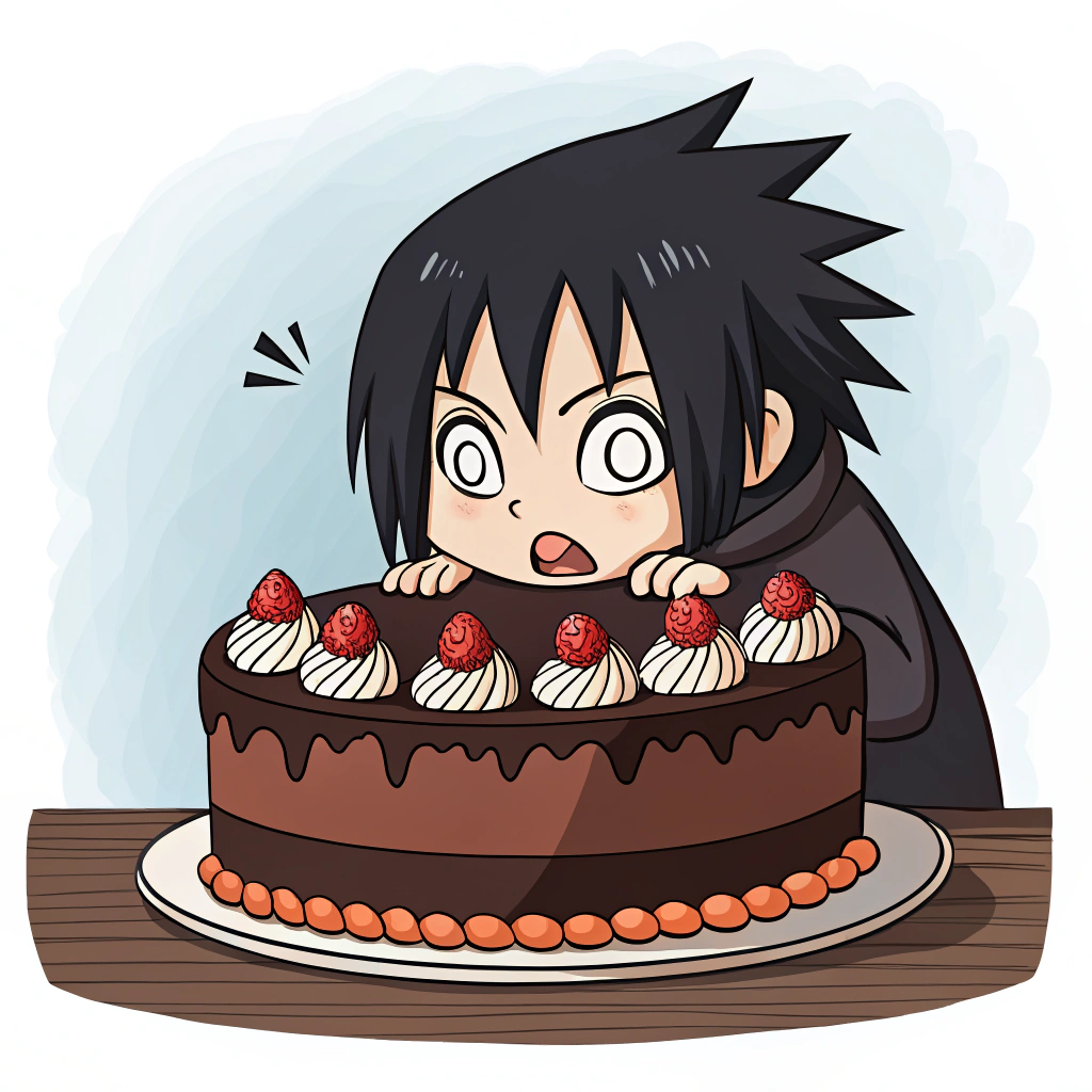 AI generated image by FLUX.1-schnell: Sasuke Uchiwa utilise le charigan sur un gateau au chocolat qui essaie de fuire