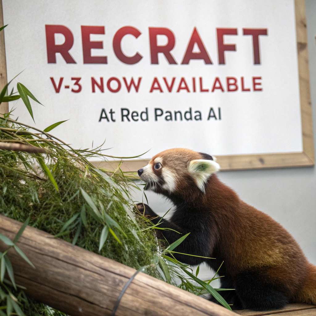 AI generated image by Red Panda AI: a red panda eating a bamboo in front of a poster that says "recraft V3 now available at red panda ai