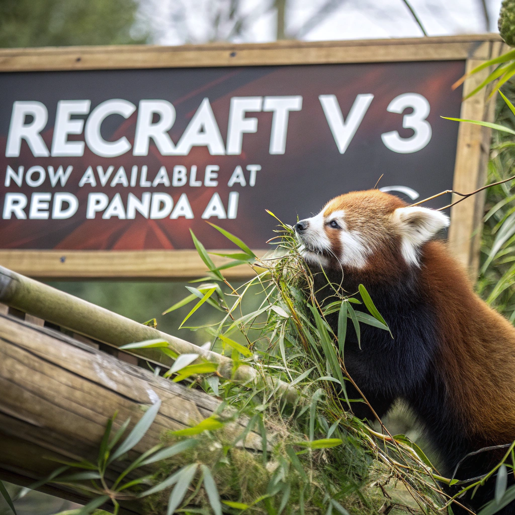 AI generated image by Red Panda AI: a red panda eating a bamboo in front of a poster that says "recraft V3 now available at red panda ai