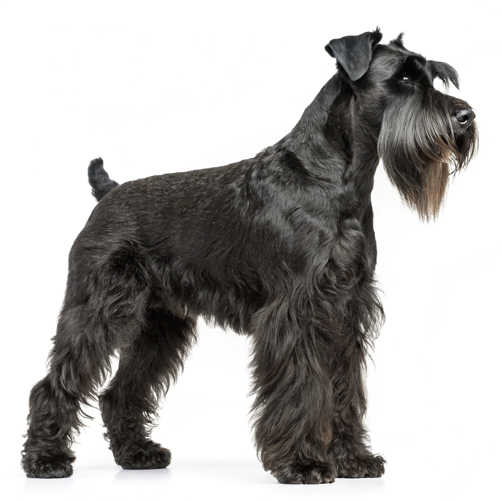 AI generated image by Red Panda AI: perro de raza schnauzer negro, &nbsp;orejas de color negro, &nbsp;barba de color blanco, pecho de color blanco, patas delanteras y traseras de color blanco, cuerpo de color negro, mirando con atención, con mucho pelo negro, pelo largo, &nbsp;posando de pie, ojos de color negro, HDR, –w 1080 –h 1920