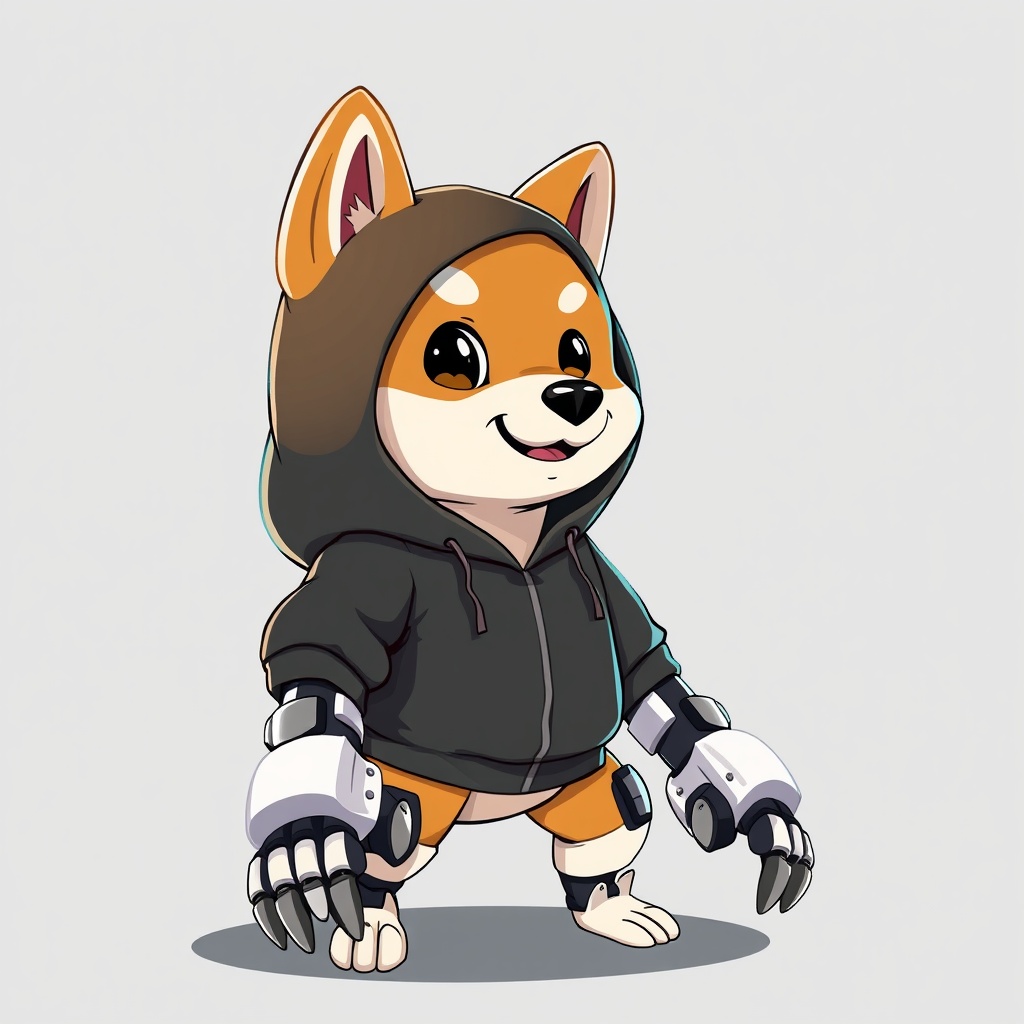 AI generated image by FLUX.1-schnell: 2d cartoon style image of Shiba Inu dog in a black hoodie with robot paws
