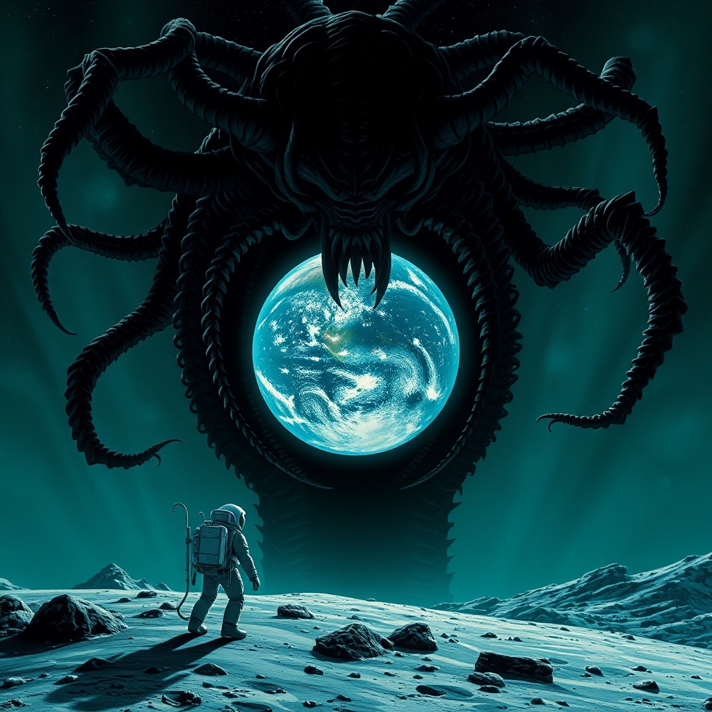 AI generated image by FLUX.1-schnell: A large eldritch being approaches the earth and prepares to eat it while an astronaut watches from the moon