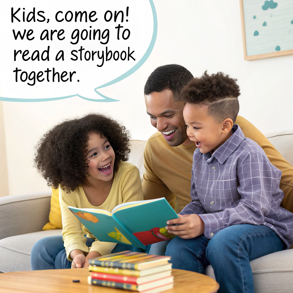 AI generated image by Red Panda AI: 

**"Kids, come on! We are going to read a storybook together."