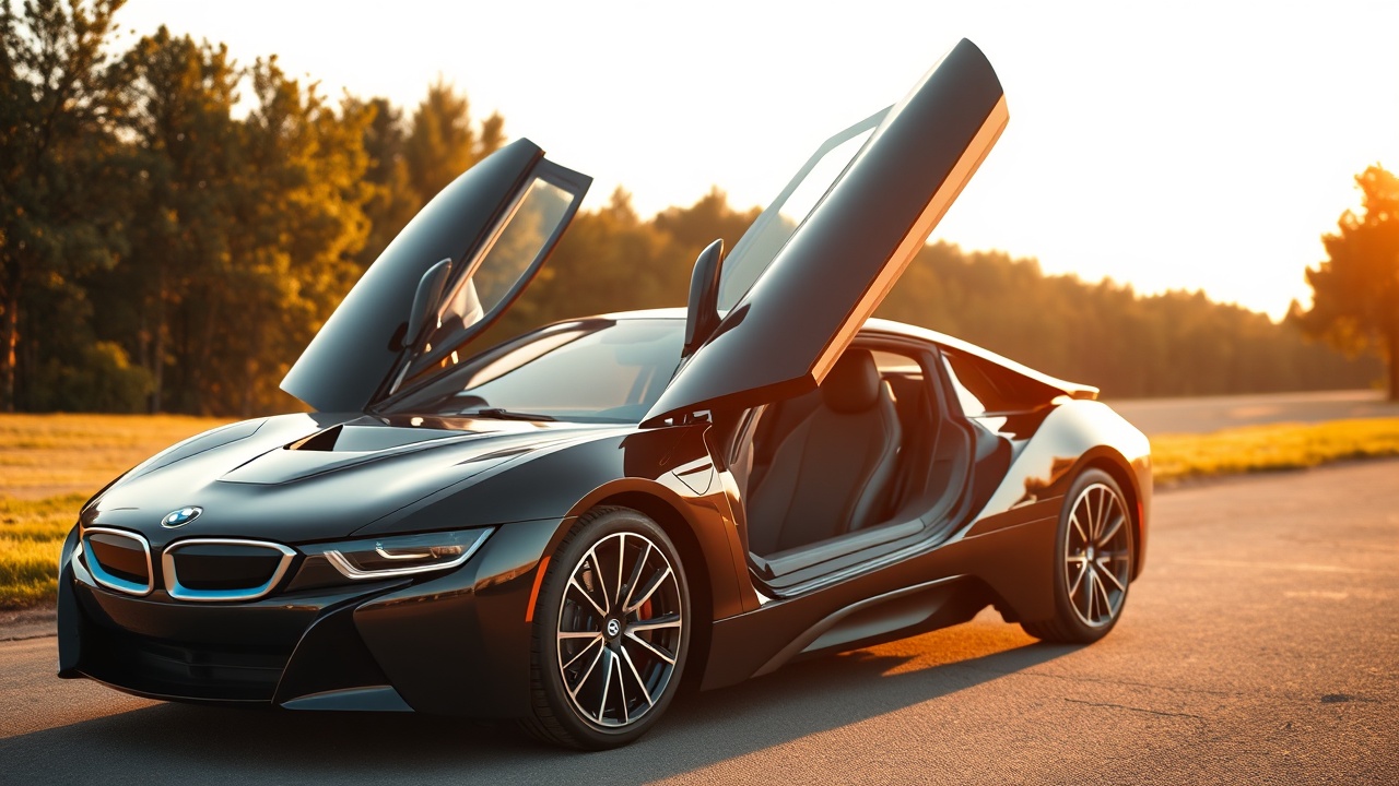 AI generated image by FLUX.1-schnell: a black BMW car which it`s doors are open 