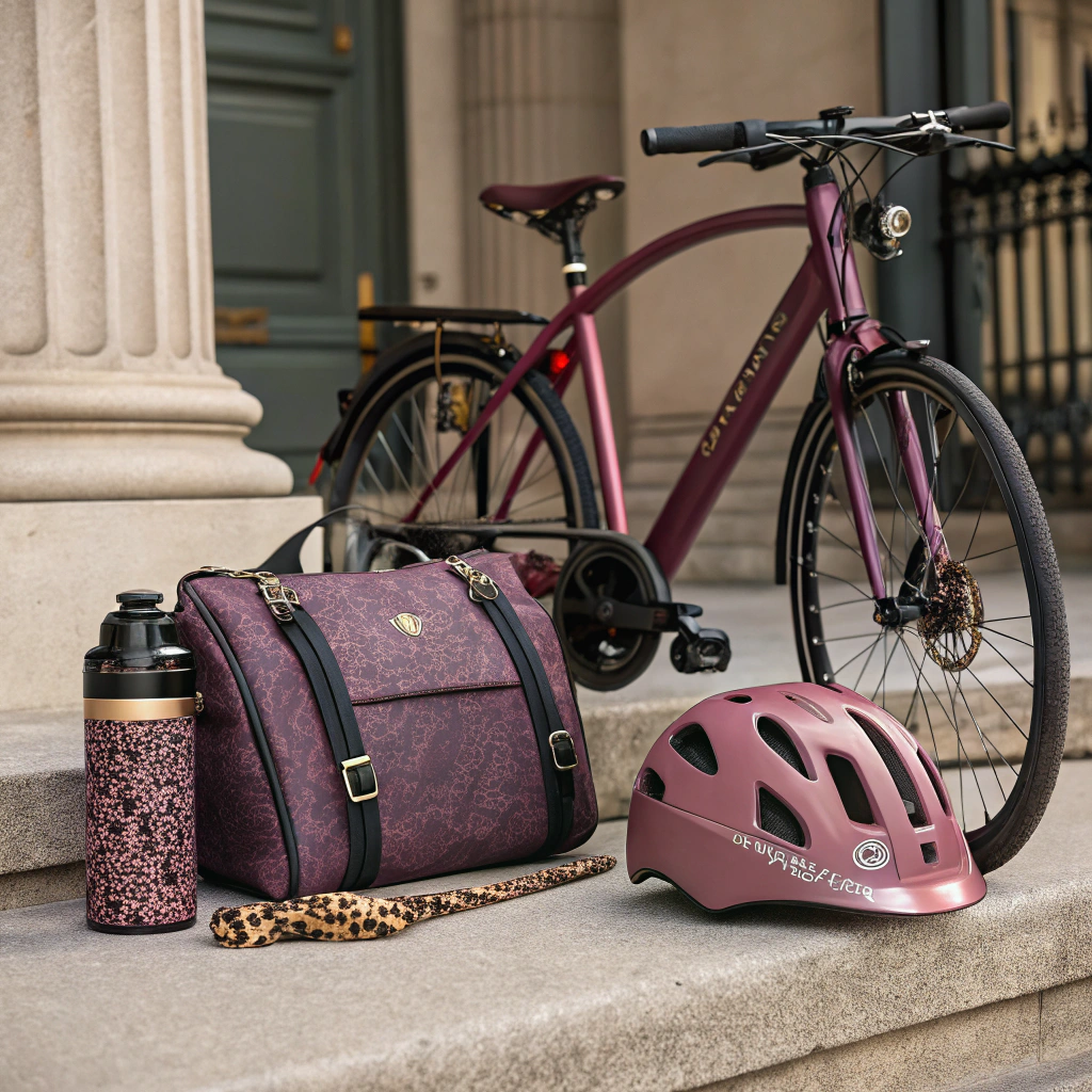 AI generated image by Red Panda AI: Design a luxury line of accessories that complement an e-bike with an elegant and unique brownish dark pink leopard-print frame. Include high-end items such as a matching helmet with refined leopard accents, a sleek bike lock with metallic gold details, and a stylish, compact bike bag featuring premium leather with subtle leopard detailing. Add a chic water bottle holder with a coordinated print and a saddle cover made of high-quality fabric matching the bike’s aesthetic. The accessories should convey luxury, style, and harmony with the e-bike’s design, emphasizing elegance and exclusivity. Showcase these accessories on a sophisticated display stand next to the e-bike for context, set against an upscale urban background.