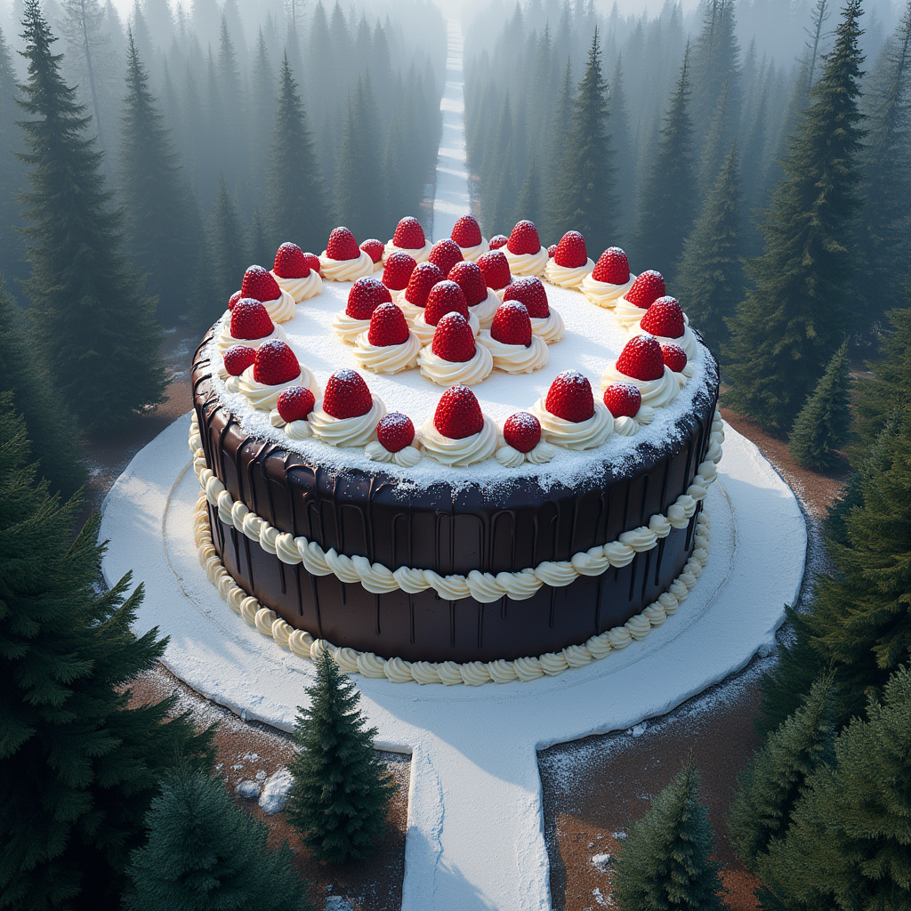 AI generated image by FLUX.1-pro: The world's largest black forest cake, the size of a building, surrounded by trees of the black forest