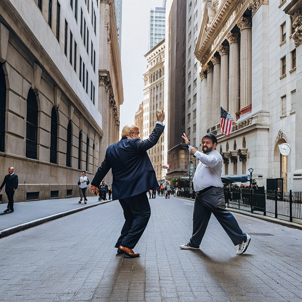 AI generated image by Red Panda AI: create an realistic image Trump and Elon in wall street dancing 