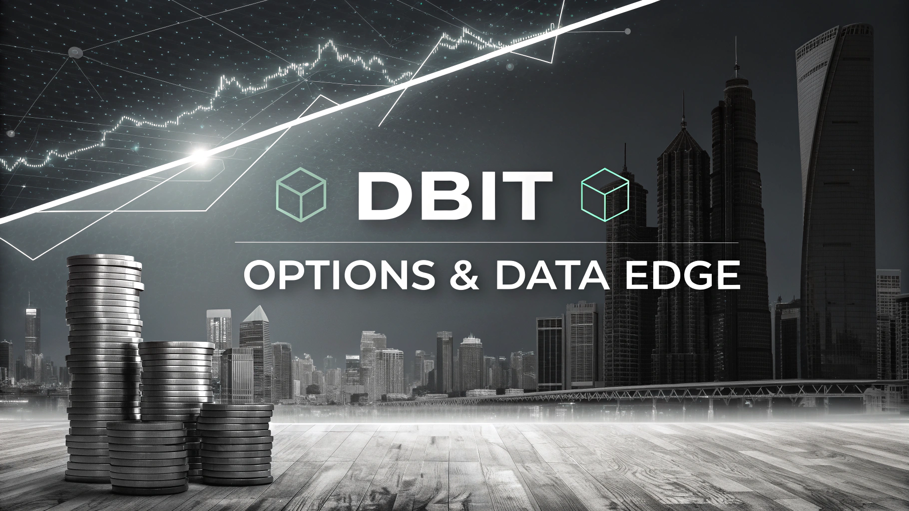 AI generated image by Red Panda AI: Futuristic banner for a blogpost, with stock used black and grey theme colors and elements of financial, investment in a financial article design "IBIT Options & Data Edge"