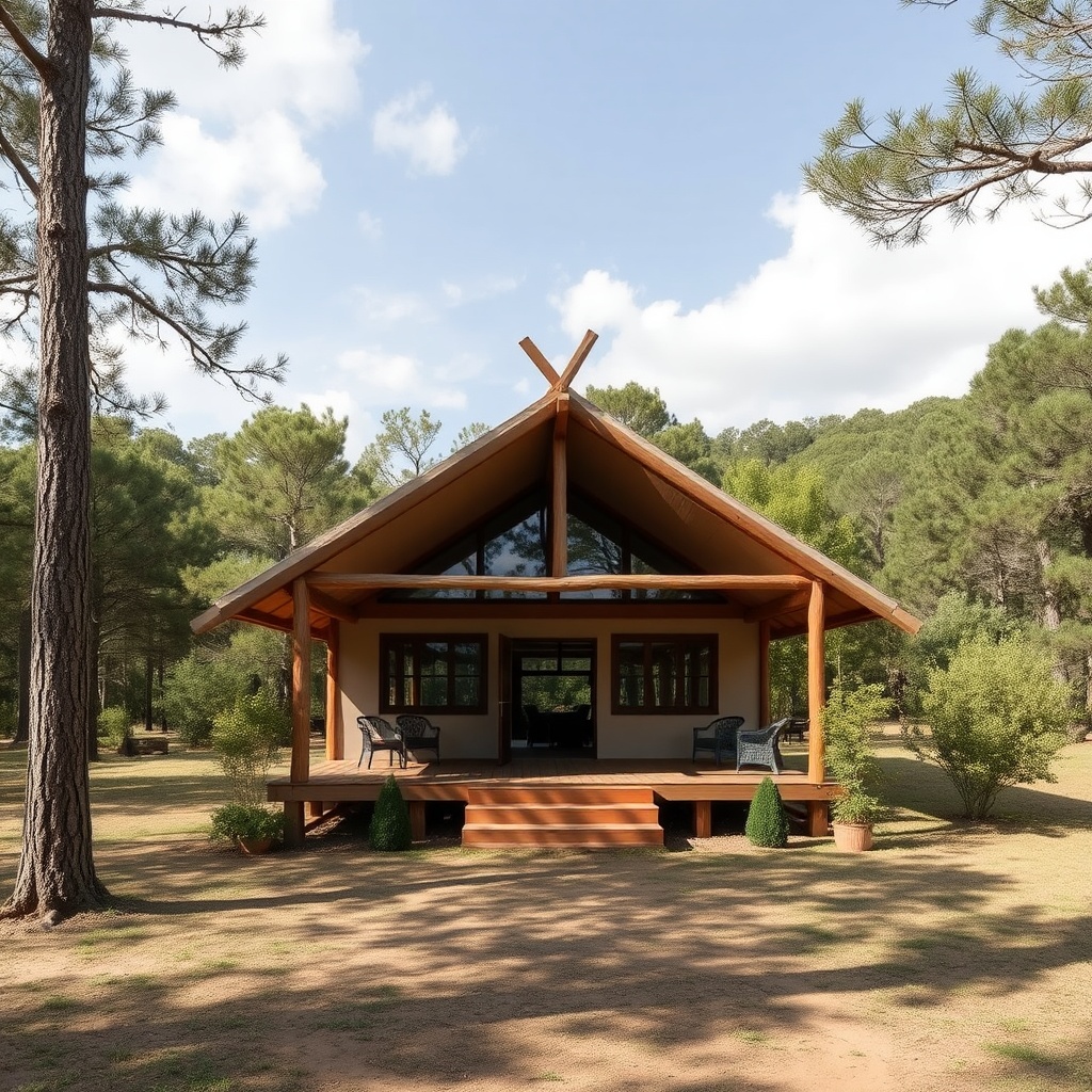 AI generated image by FLUX.1-schnell: cabañas de lujo en medio de área rural pobre y en bosque