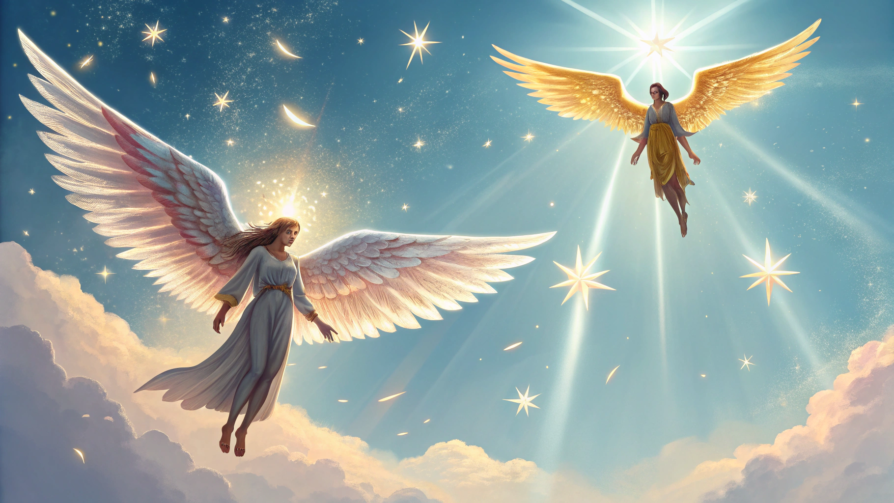 AI generated image by Red Panda AI: 2 anges fantastiques volent dans un ciel céleste et lumineux, ambiance héroïque fantasy