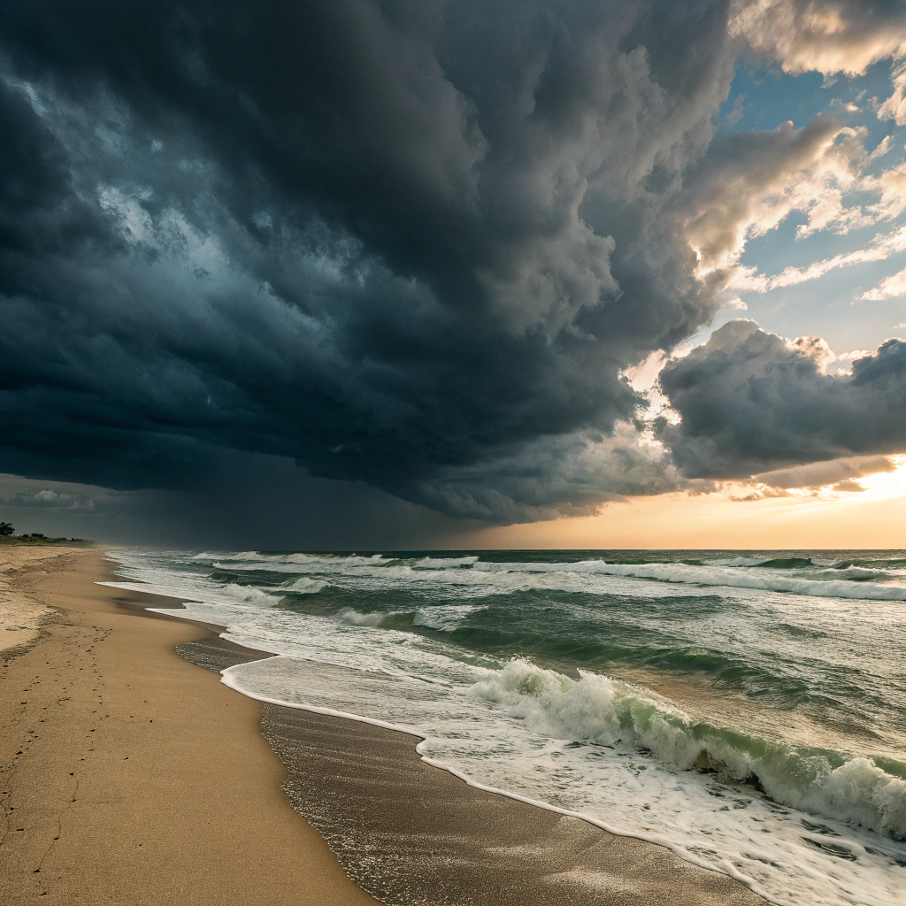 AI generated image by Red Panda AI: view of the sea from the beach, a storm in the evening, wide angle view