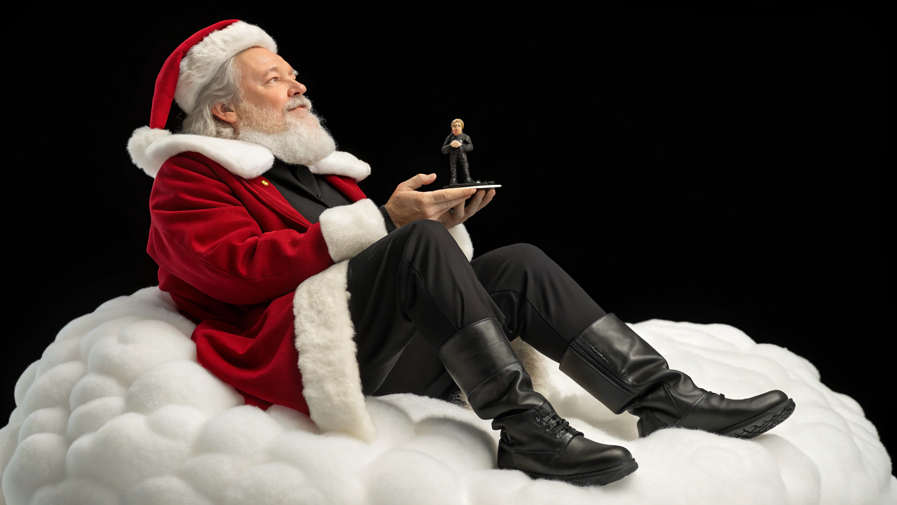 AI generated image by Red Panda AI: Une image style figurine pixar 3D en haute résolution, du dieu odin déguisé en père Noël avec des bottes noires et qui est assis sur un nuage. Il tient dans le creux de sa main une petite figurine assise de Elon Musk, et il est habillé en noir, Arrière plan noir. 