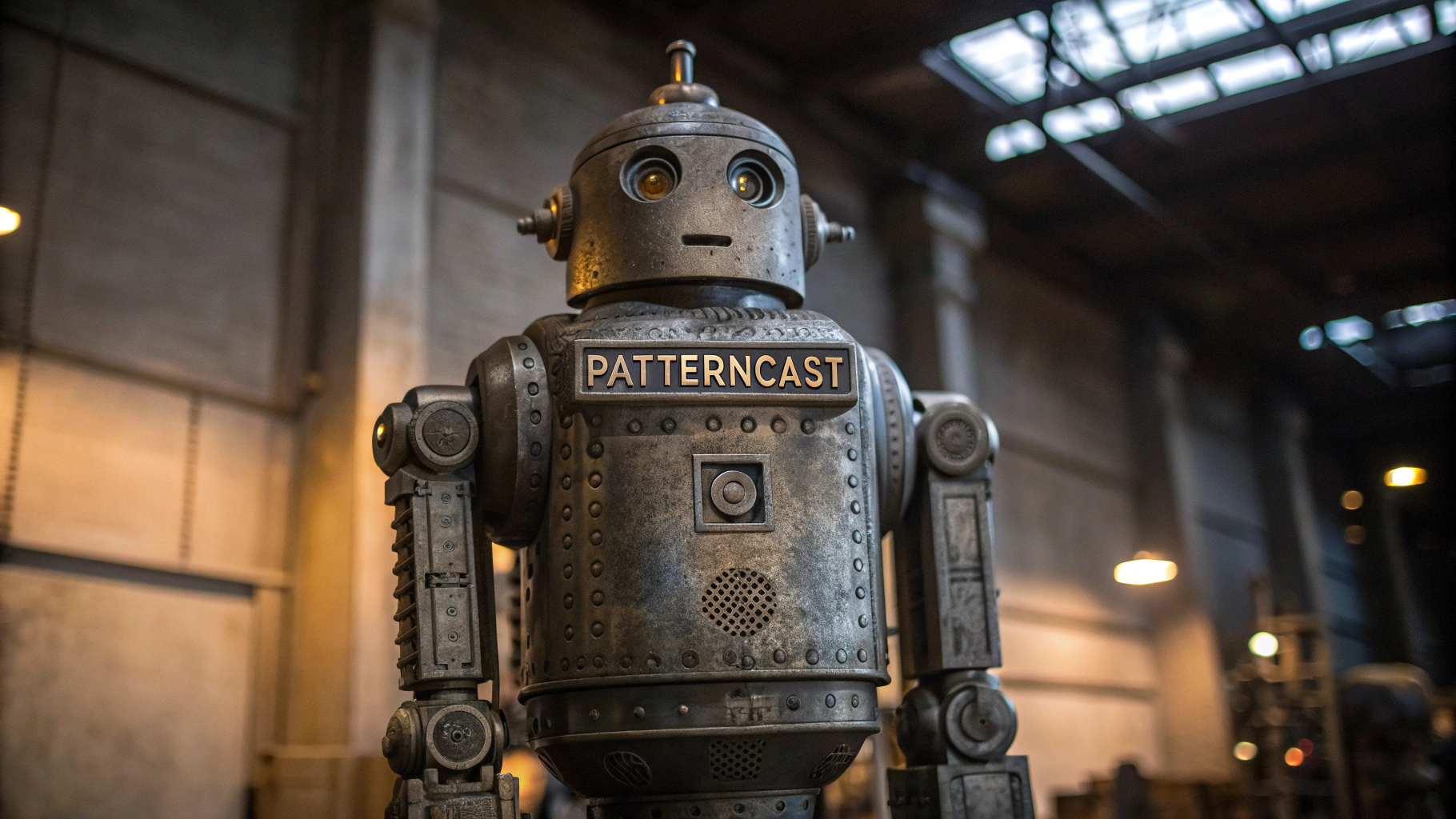 AI generated image by Red Panda AI: an ancient robot is named "PatternCast", the robot is engraved with "PatternCast"
