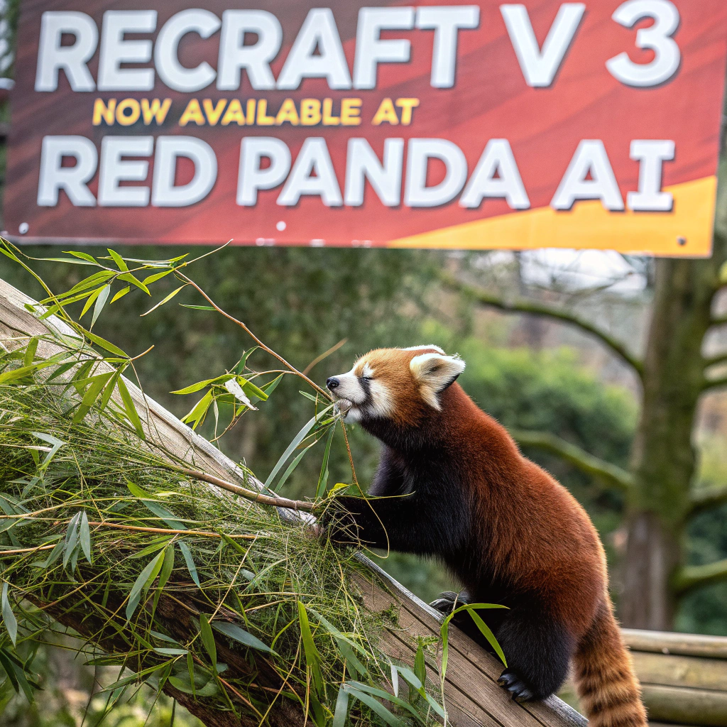 AI generated image by Red Panda AI: a red panda eating a bamboo in front of a poster that says "recraft V3 now available at red panda ai