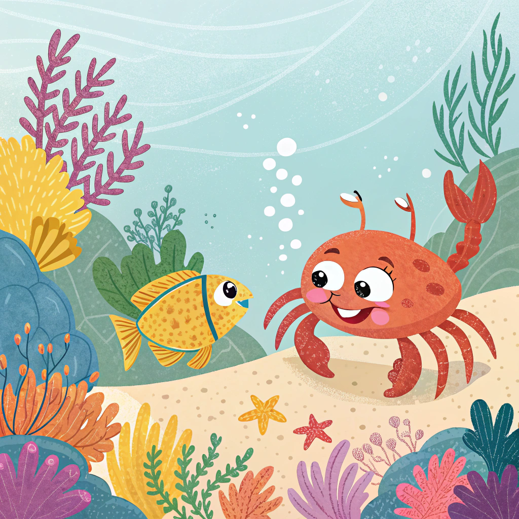 AI generated image by Red Panda AI: NECESITO CREAR UNA IMAGEN INFANTIL DE UN CANGREJO EN EL FONDO DEL MAR CONVERSANDO CON UN PEZ  RODEADO DE CORALES