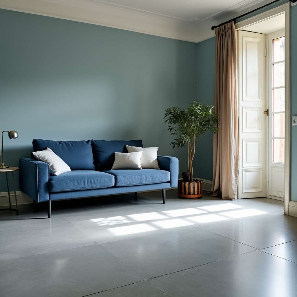 AI generated image by FLUX.1-pro: soggiorno minimalista con pavimento in resina grigio chiaro, divano a 3 posti con penisola in tessuto blu navy, pareti azzurre chiaro e celeste, porta finestra bianca con tende veneziane beige, accessori e complementi arredo di colore bianco completano il soggiorno.