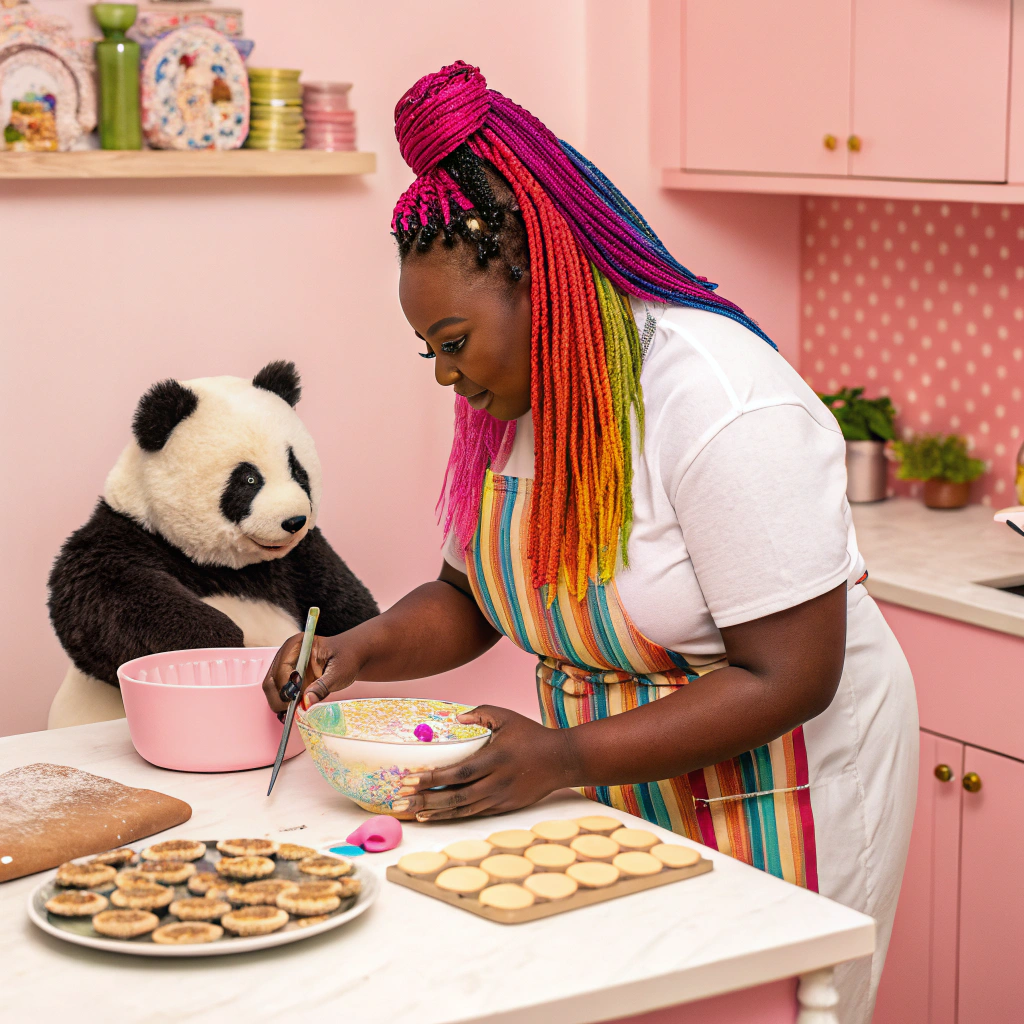 AI generated image by Red Panda AI: A black woman with rainbow box braids baking sugar cookies alongside a panda bear in a pink kitchen