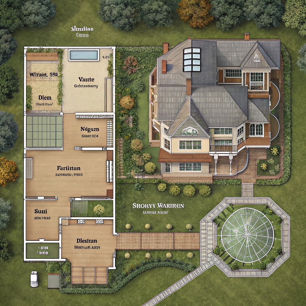 AI generated image by Red Panda AI: plano en vista aerea de una mansión victoriana, con una cocina, dos baños, dos salones, cuatro habitaciones, una biblioteca, jardín e invernadero