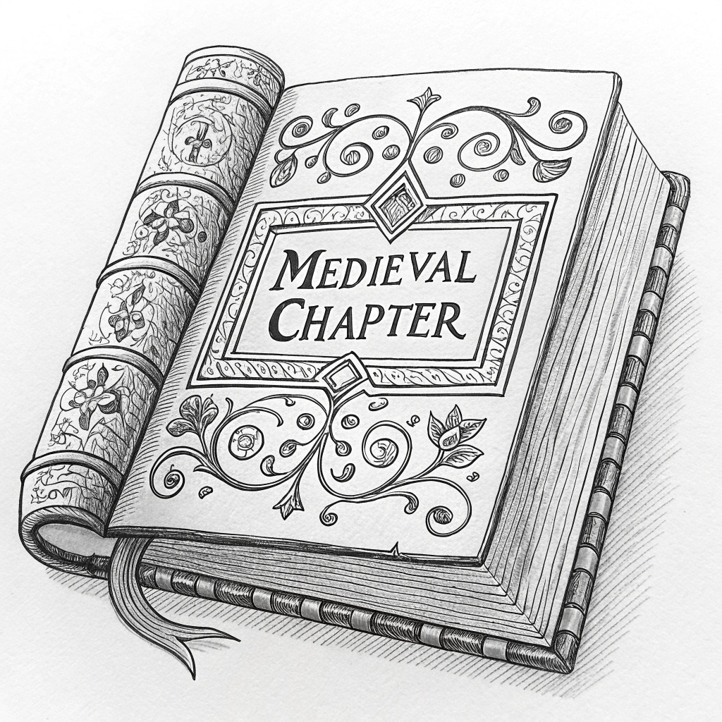 AI generated image by Red Panda AI: Retrata un sketch en blanco y negro de un libro abierto cuyo interior tiene una letra capitular medieval. Que el dibujo sea detallado.