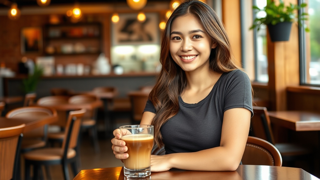 AI generated image by FLUX.1-schnell: a beautiful yogyakarta woman in a tight fitness t-shirt, full body, sitting in a cafe smiling looking at the camera while holding a clear glass cup containing brown late coffee