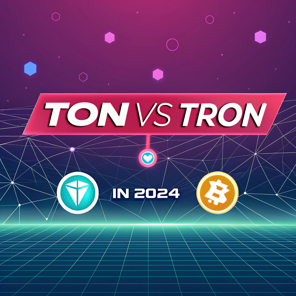 AI generated image by Red Panda AI: Futuristic banner for a blogpost, with network represent usually used colors and social media elements, in a crypto article design and style. Big title "TON vs TRON" and small subtitle "in 2024"
