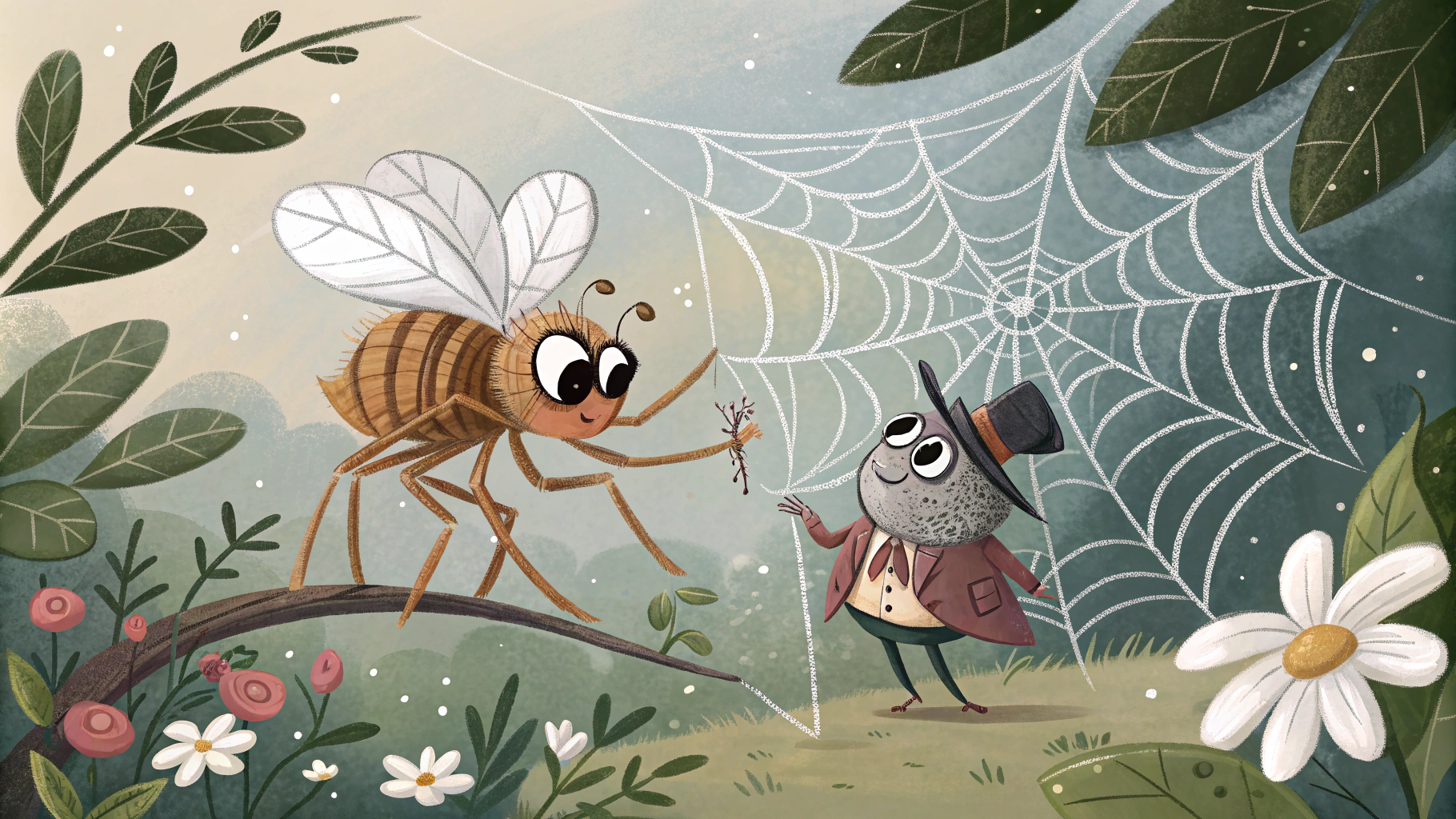 AI generated image by Red Panda AI: a spider and a fly talking near the spider web