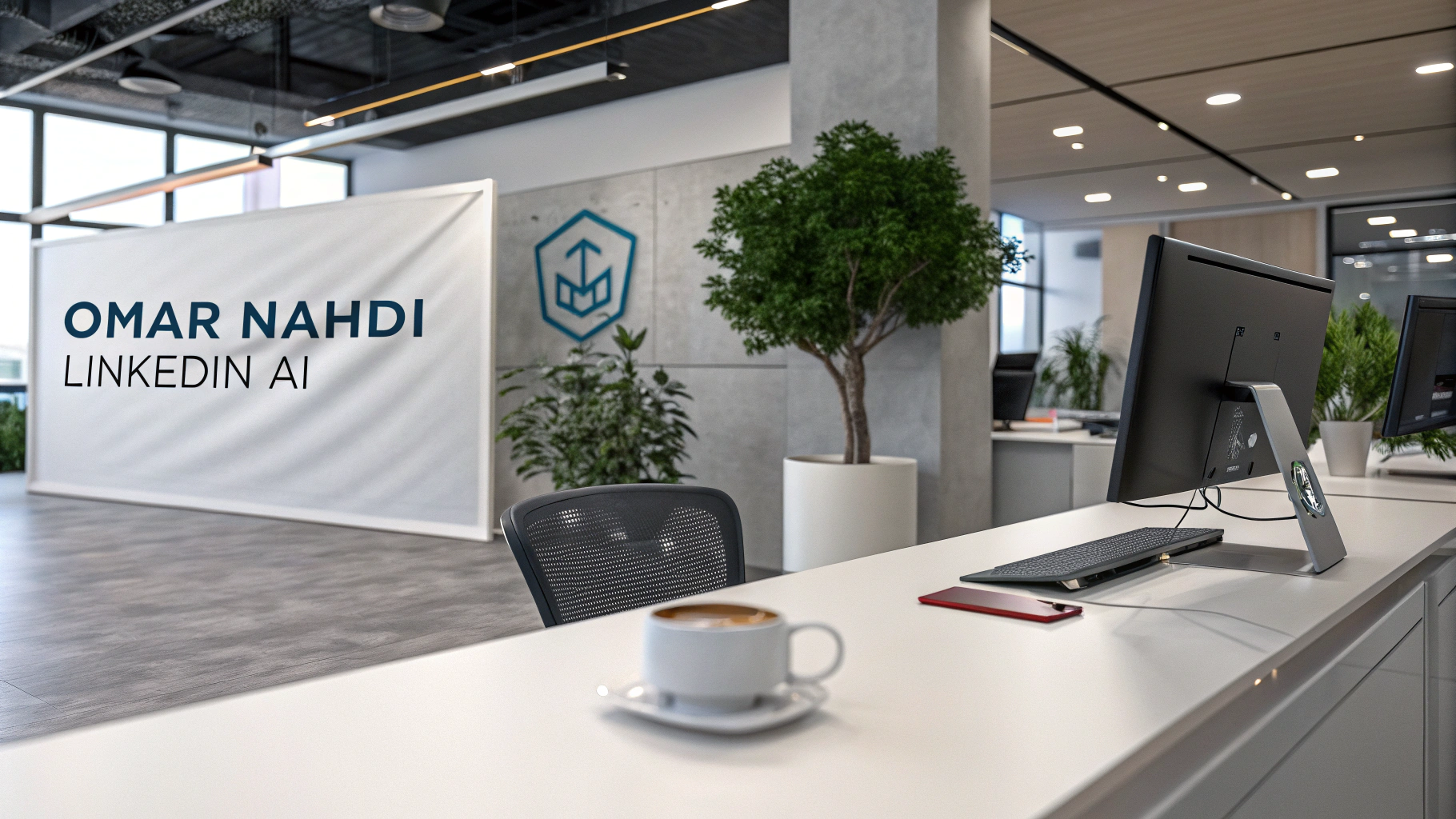 AI generated image by Red Panda AI: A stunning ultra-realistic, 3D rendering of a professional workplace scene, featuring Omar Nahdi's LinkedIn AI logo prominently displayed on a banner. The room is immaculate, with sleek modern furniture, plants, and a steaming coffee mug on a pristine desk. The atmosphere is one of technological advancement and efficiency, with a touch of minimalist design. The scene is void of humans, creating a sense of calm and focus on the futuristic workspace itself.
